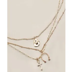 Trio Layer Horseshoe Hat Cross Charm Necklace | Gold Tone Multi Layer Jewelry