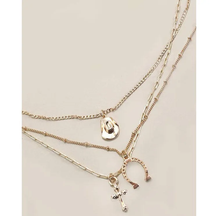 Trio Layer Horseshoe Hat Cross Charm Necklace | Gold Tone Multi Layer Jewelry
