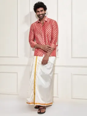 VASTRAMAY Men's Pink Poly Viscose Shirt And Mundu