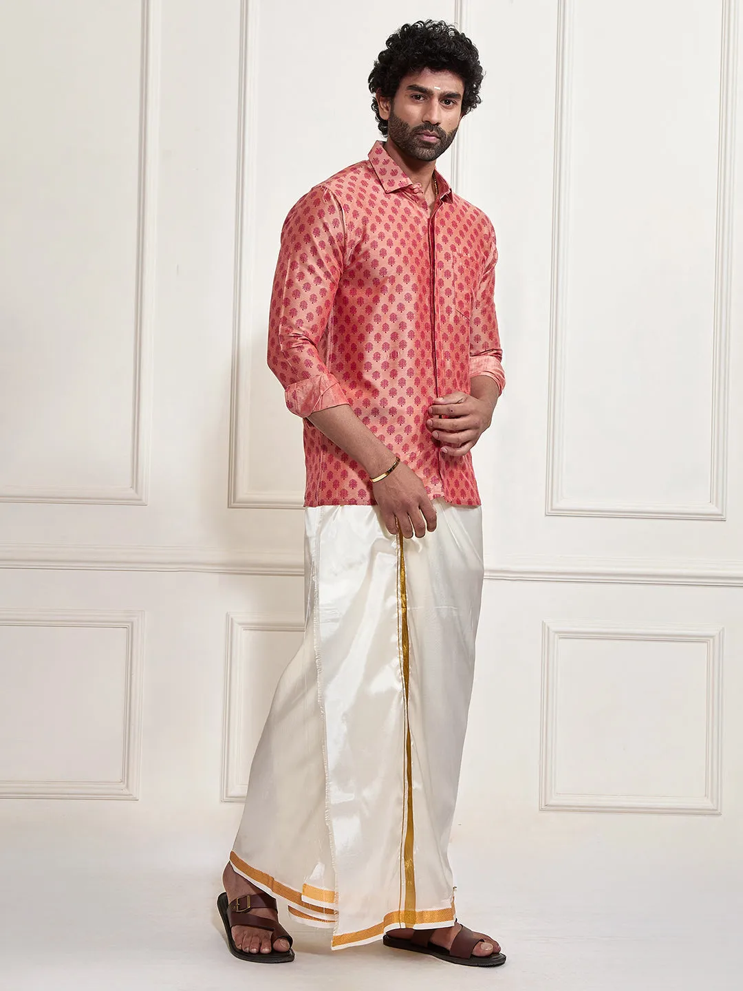 VASTRAMAY Men's Pink Poly Viscose Shirt And Mundu