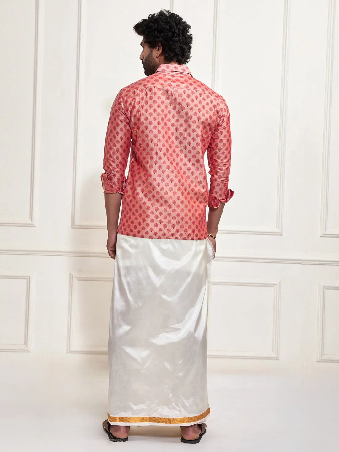 VASTRAMAY Men's Pink Poly Viscose Shirt And Mundu