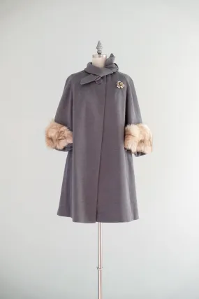 Vintage 1960's Grey Wool Swing Coat with Fur Cuffs / M