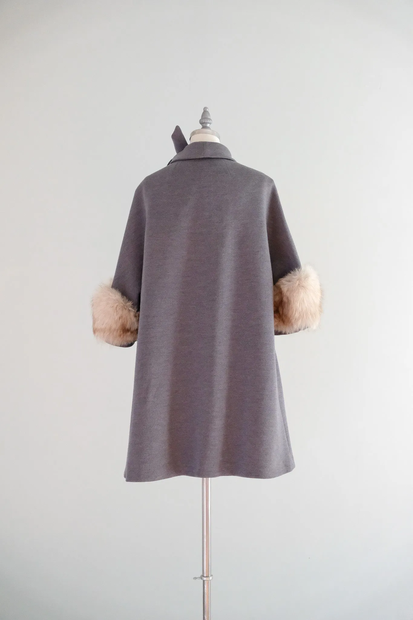 Vintage 1960's Grey Wool Swing Coat with Fur Cuffs / M