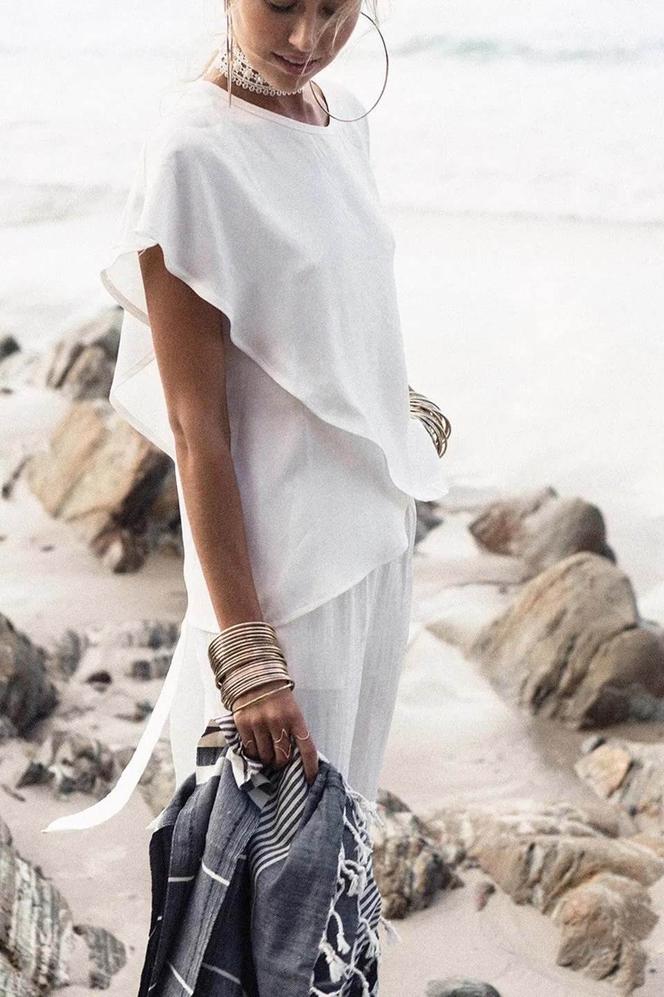 White Chiffon Short Sleeve Blouse