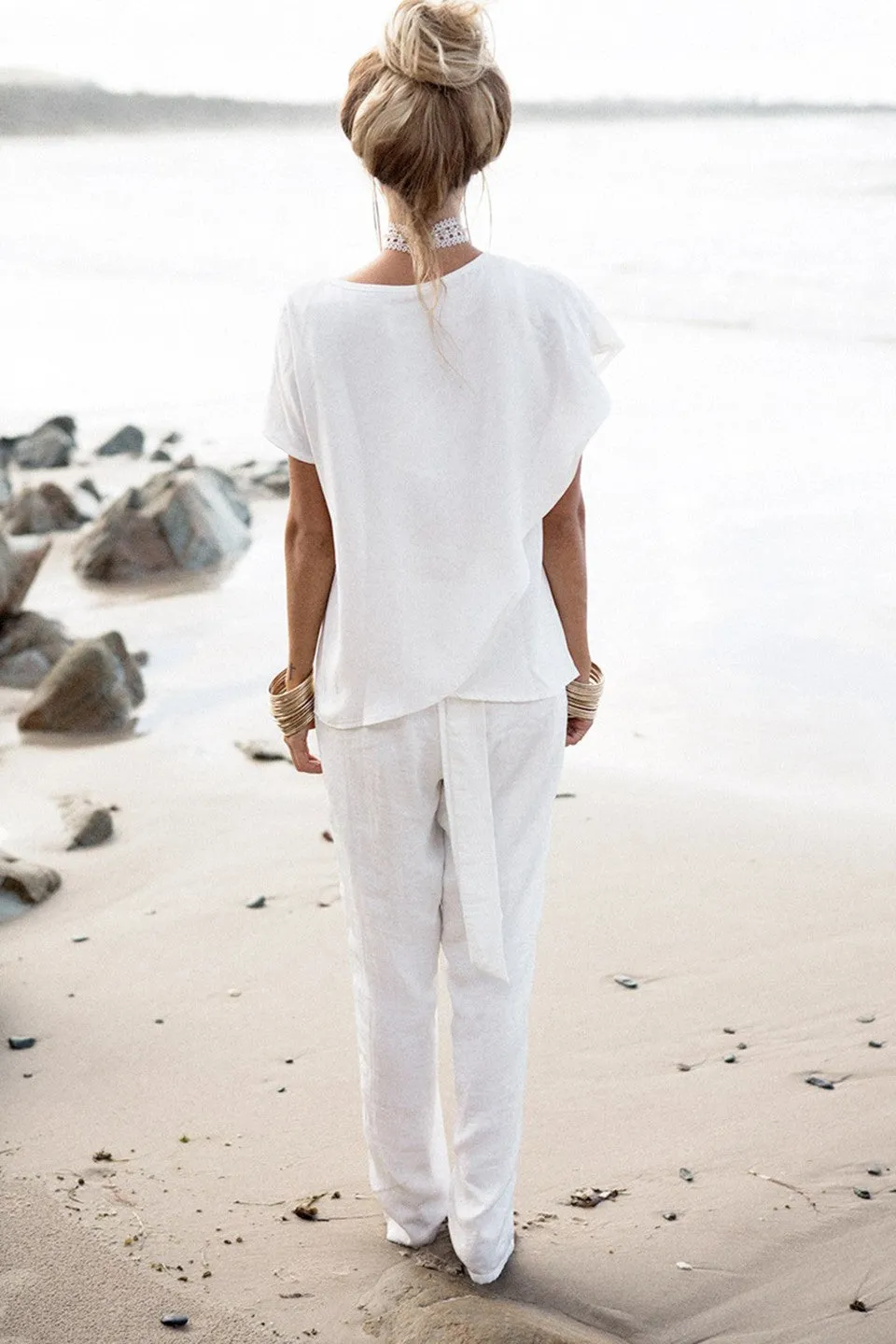 White Chiffon Short Sleeve Blouse