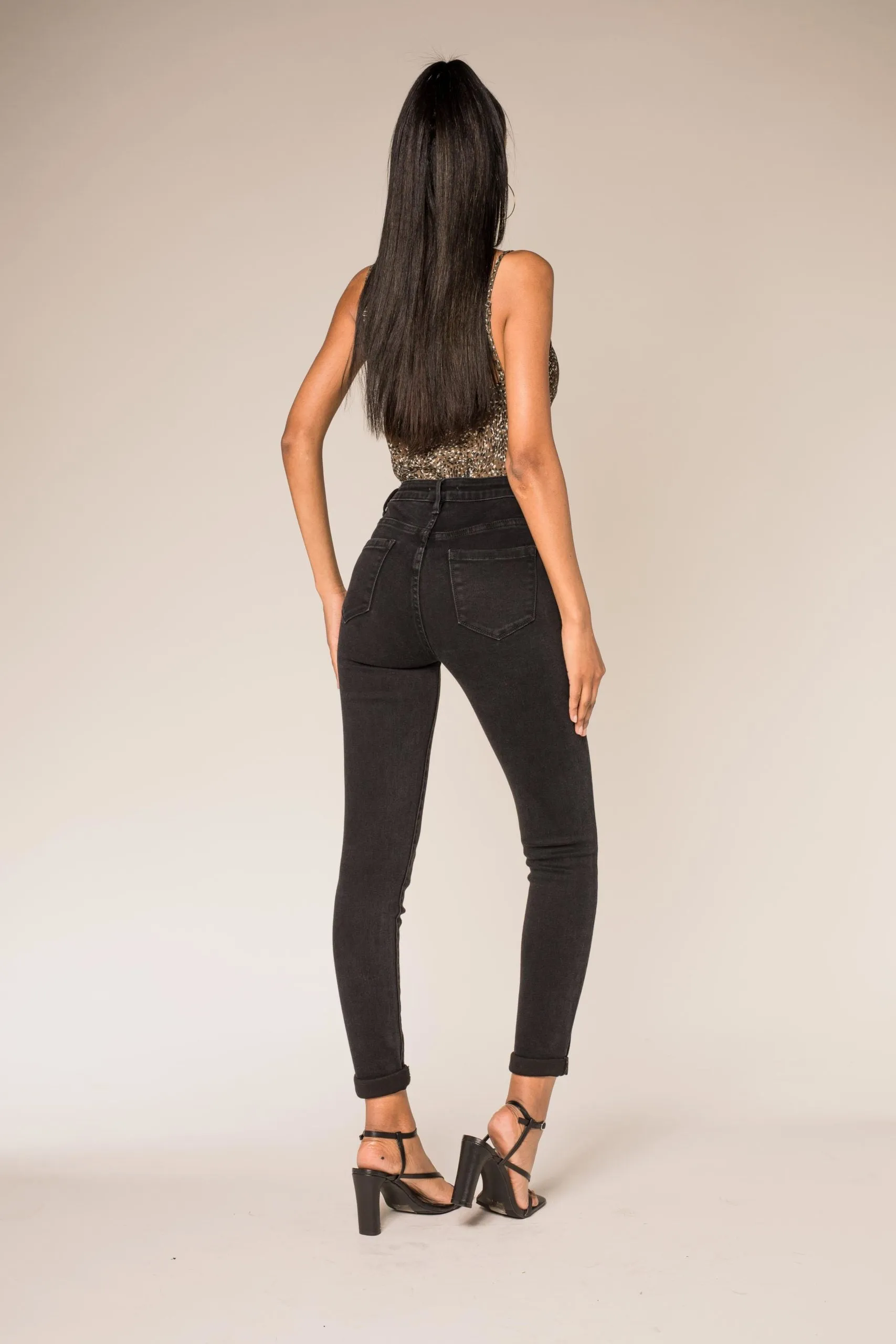 Wholesale Black High Waist Skinny Jeans with Turn-Up Legs