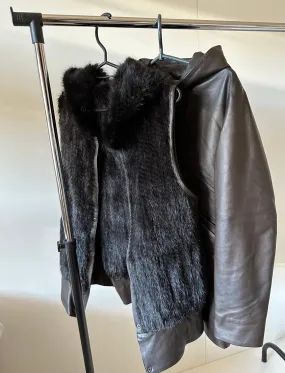 Women Brown Leather Jacket Lining Vest Mink Fur 3 in 1