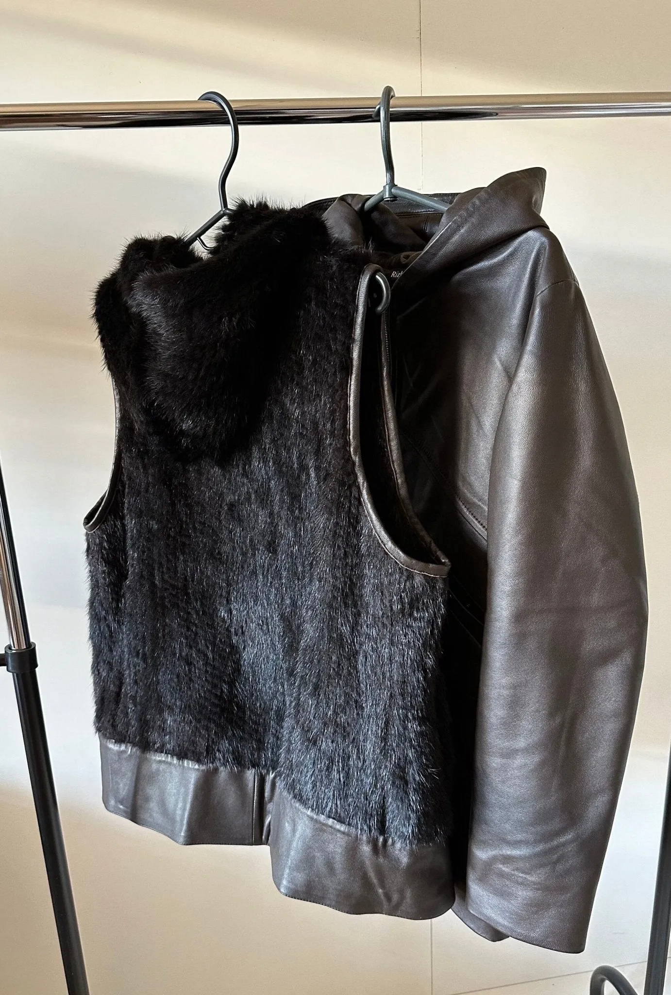 Women Brown Leather Jacket Lining Vest Mink Fur 3 in 1