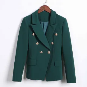 Women's Blackish Green Lion Buttons Fitted Blazer Jacket