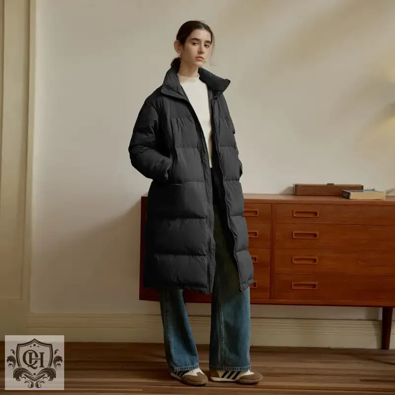 Zipper Snap on Half Turtleneck down Jacket Women Winter Warm Long Windproof Coat Three Dimensional Pocket Bread Coat